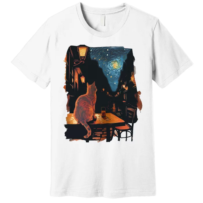 Cat Starry Night Van Gogh Art Style Coffee Shop Premium T-Shirt