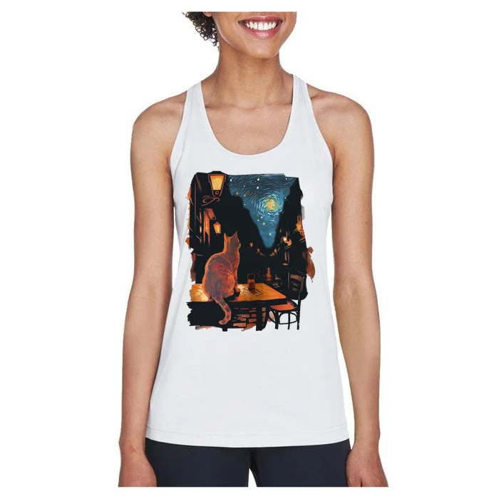 Cat Starry Night Van Gogh Art Style Coffee Shop Women's Racerback Tank