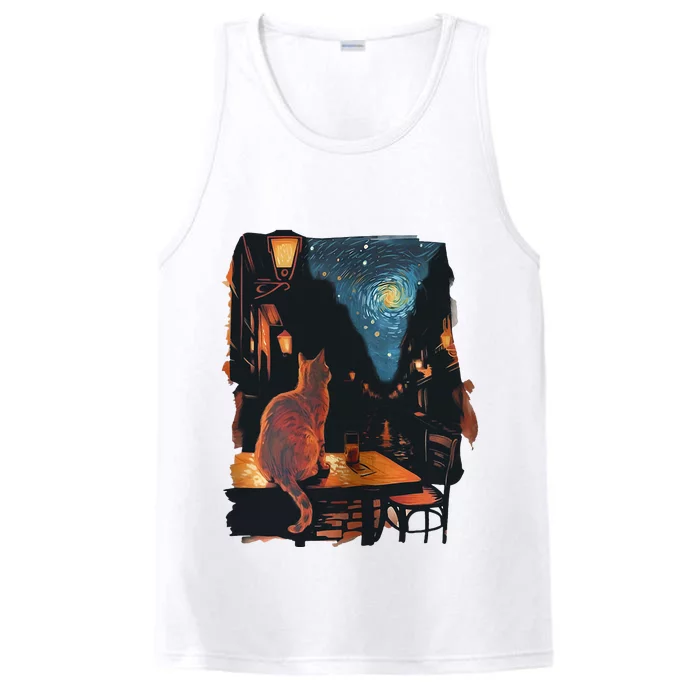 Cat Starry Night Van Gogh Art Style Coffee Shop Performance Tank