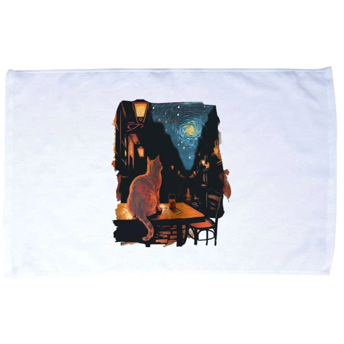 Cat Starry Night Van Gogh Art Style Coffee Shop Microfiber Hand Towel