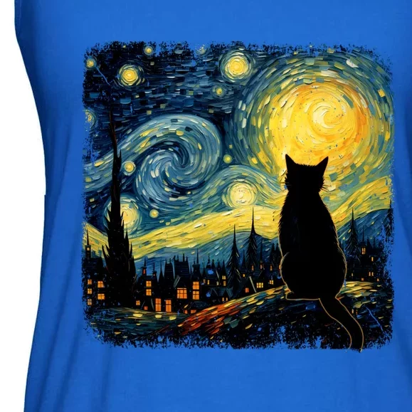 Cat Starry Night Van Gogh Cat For Cat Lover Cat Mom Cat Dad Ladies Essential Flowy Tank