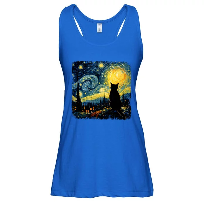 Cat Starry Night Van Gogh Cat For Cat Lover Cat Mom Cat Dad Ladies Essential Flowy Tank