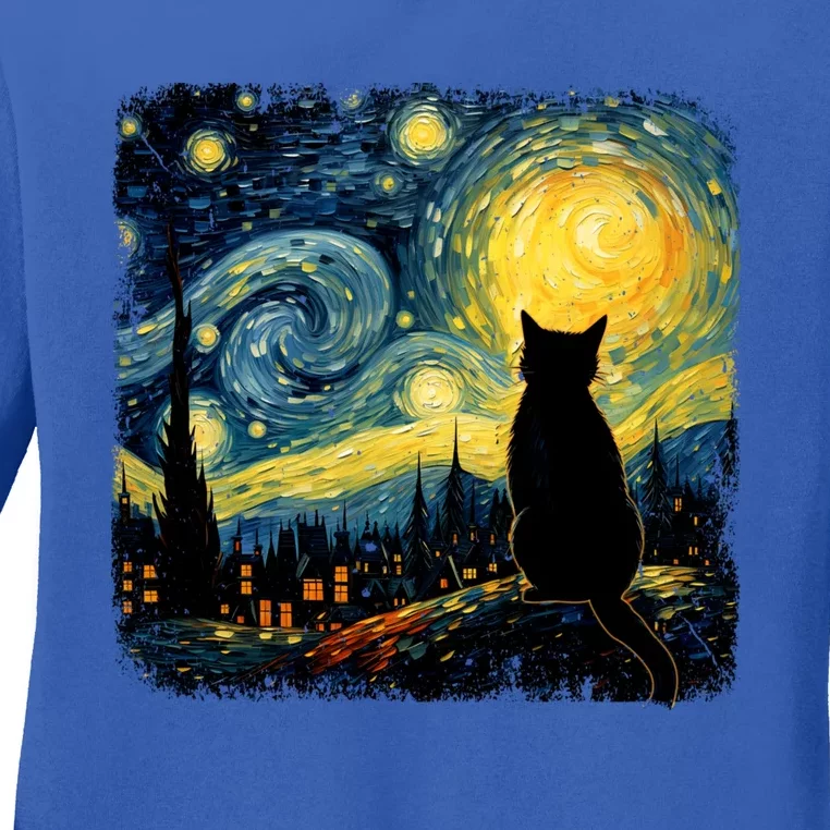 Cat Starry Night Van Gogh Cat For Cat Lover Cat Mom Cat Dad Ladies Long Sleeve Shirt