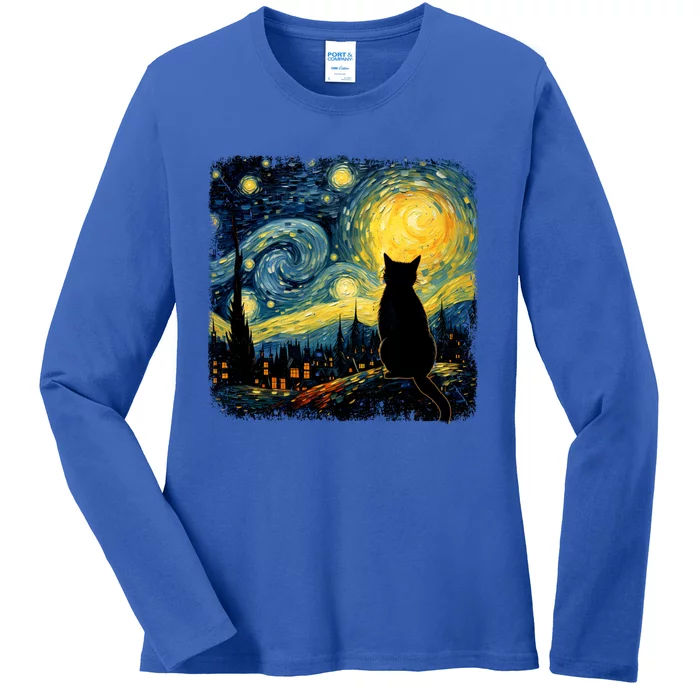 Cat Starry Night Van Gogh Cat For Cat Lover Cat Mom Cat Dad Ladies Long Sleeve Shirt