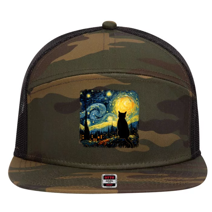 Cat Starry Night Van Gogh Cat For Cat Lover Cat Mom Cat Dad 7 Panel Mesh Trucker Snapback Hat