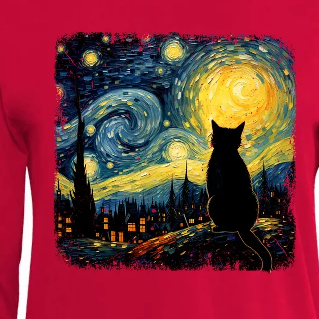 Cat Starry Night Van Gogh Cat For Cat Lover Cat Mom Cat Dad Womens Cotton Relaxed Long Sleeve T-Shirt