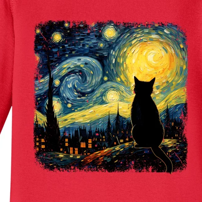 Cat Starry Night Van Gogh Cat For Cat Lover Cat Mom Cat Dad Baby Long Sleeve Bodysuit