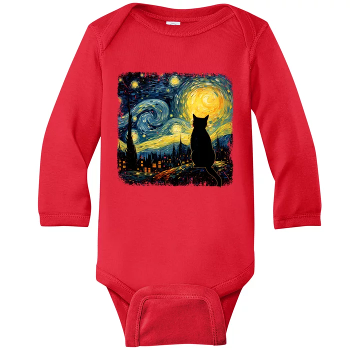 Cat Starry Night Van Gogh Cat For Cat Lover Cat Mom Cat Dad Baby Long Sleeve Bodysuit