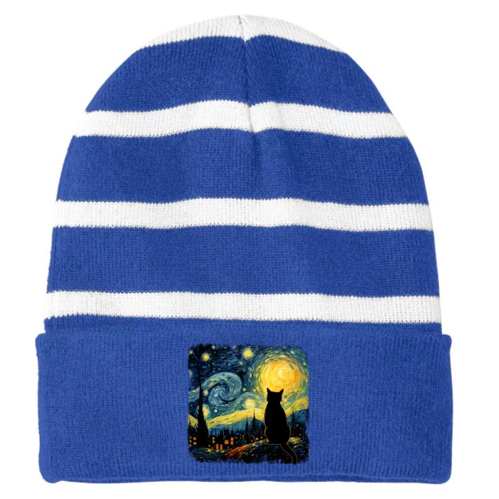 Cat Starry Night Van Gogh Cat For Cat Lover Cat Mom Cat Dad Striped Beanie with Solid Band