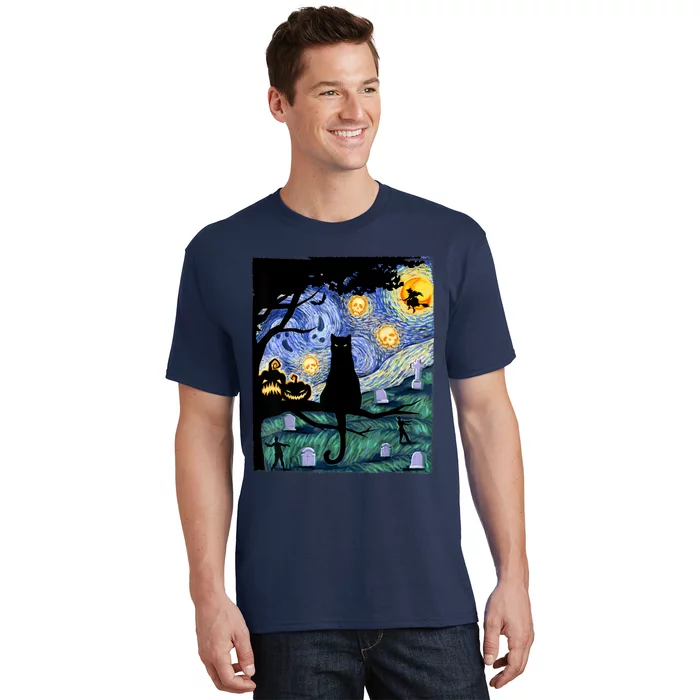 Cat , Scary Night Cat Tee, Van Gogh Gift, Halloween T-Shirt