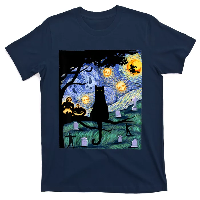 Cat , Scary Night Cat Tee, Van Gogh Gift, Halloween T-Shirt