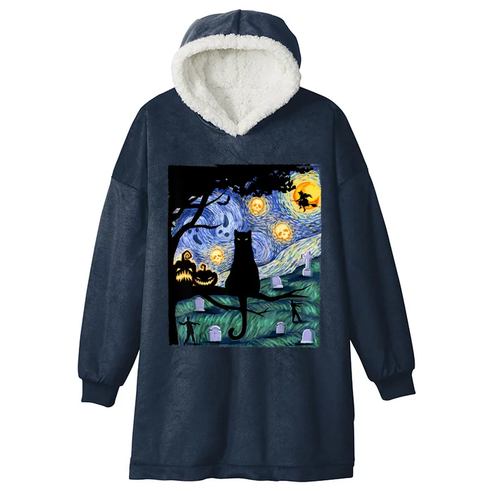 Cat , Scary Night Cat Tee, Van Gogh Gift, Halloween Hooded Wearable Blanket