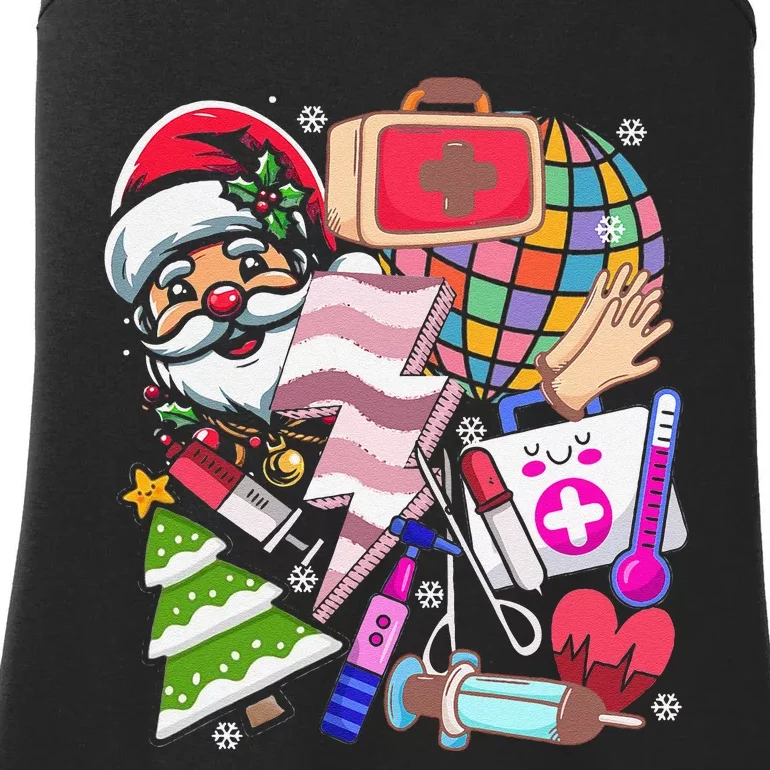 Christmas Santa Nurse Disco Ball Rn Cna Icu Med Surg Picu Ladies Essential Tank