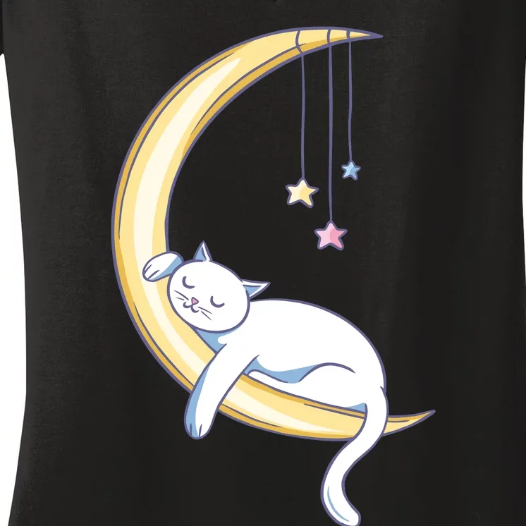 Cat Sleeping On Moon Women's V-Neck T-Shirt