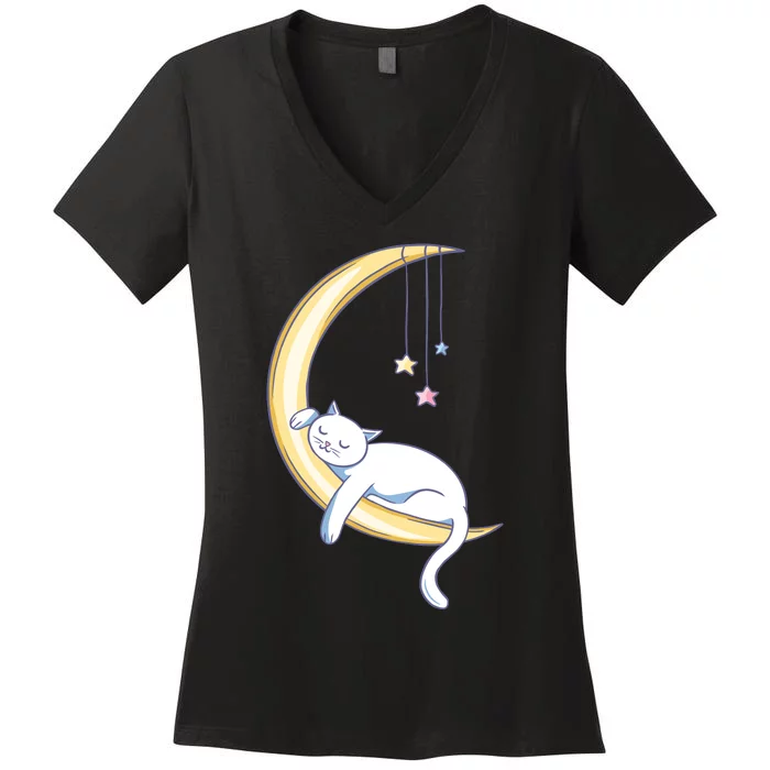 Cat Sleeping On Moon Women's V-Neck T-Shirt