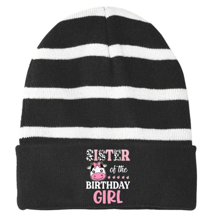 Cow Sister Of The Birthday Farming Barnyard Birthday Striped Beanie with Solid Band