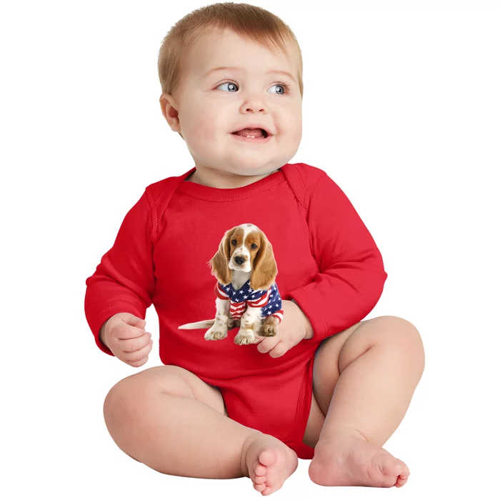 Cocker Spaniel Puppy USA Flag American Dogs 4th Of July Baby Long Sleeve Bodysuit