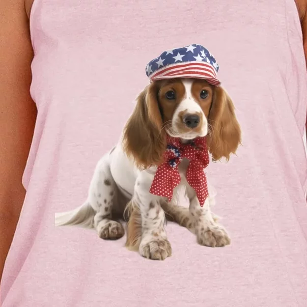 Cocker Spaniel Puppy USA Flag American Dogs 4th Of July Women's Knotted Racerback Tank