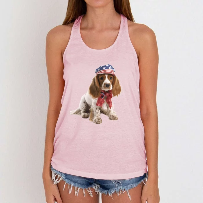 Cocker Spaniel Puppy USA Flag American Dogs 4th Of July Women's Knotted Racerback Tank