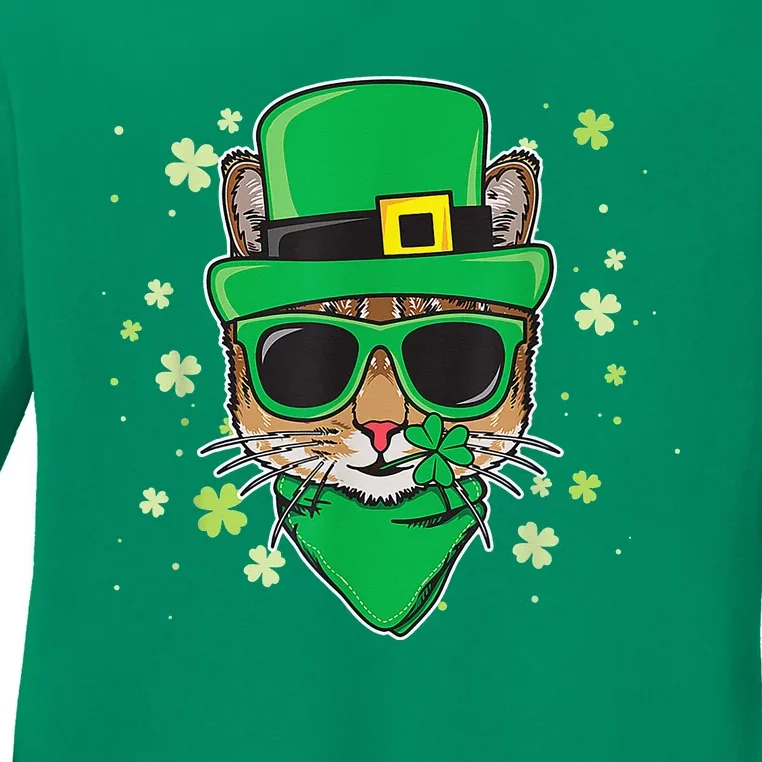 Cat St Patricks Day Leprechaun Shamrock Irish Catrick's Ladies Long Sleeve Shirt