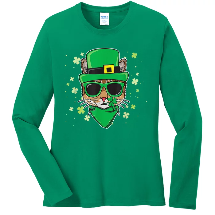 Cat St Patricks Day Leprechaun Shamrock Irish Catrick's Ladies Long Sleeve Shirt