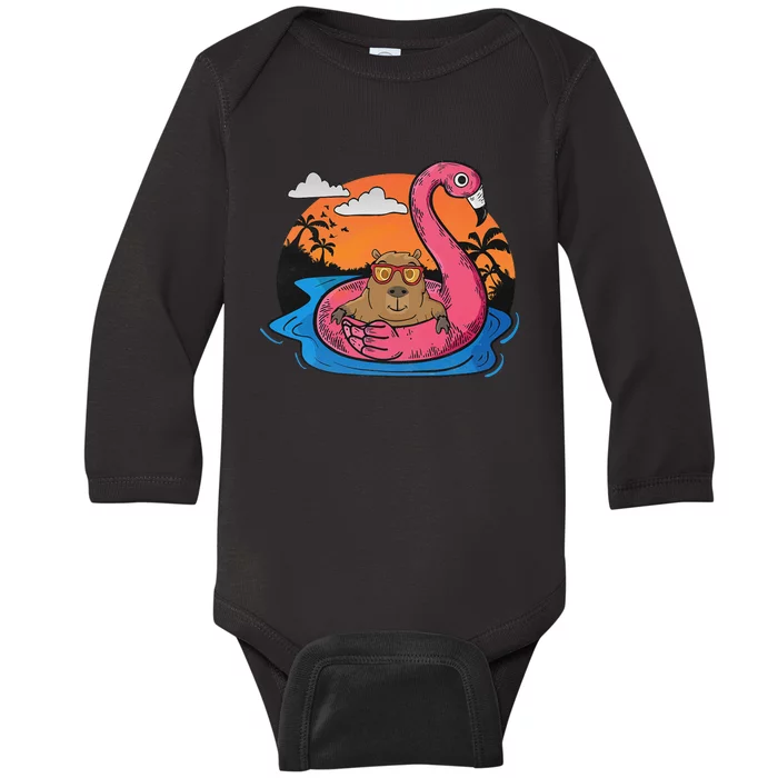 Capybara Swimming Pool Lover Flamingo Capybara Baby Long Sleeve Bodysuit