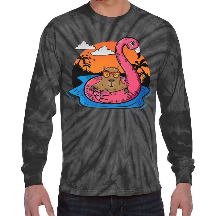 Capybara Swimming Pool Lover Flamingo Capybara Tie-Dye Long Sleeve Shirt