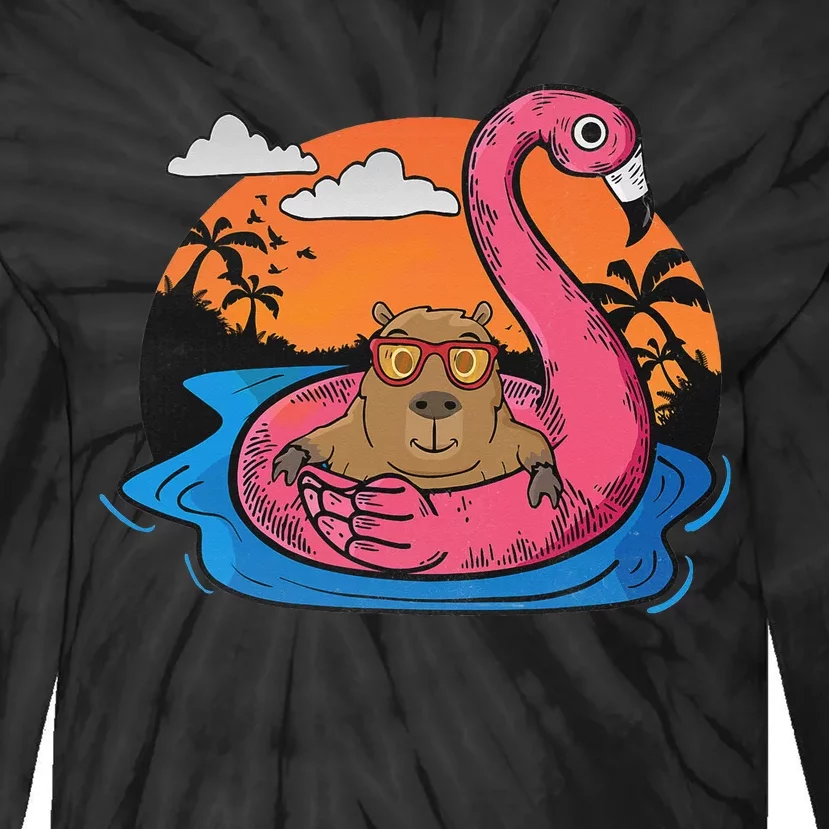 Capybara Swimming Pool Lover Flamingo Capybara Tie-Dye Long Sleeve Shirt