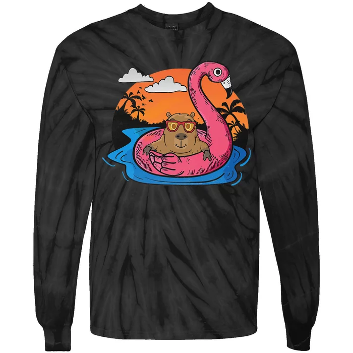 Capybara Swimming Pool Lover Flamingo Capybara Tie-Dye Long Sleeve Shirt