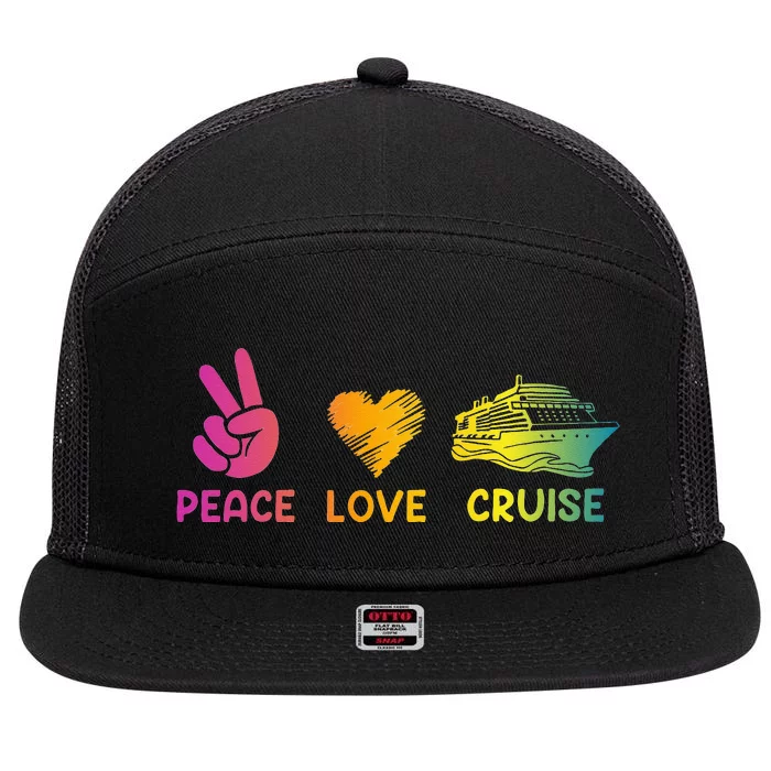 Cruise Ship Peace Love Cruise Funny 7 Panel Mesh Trucker Snapback Hat