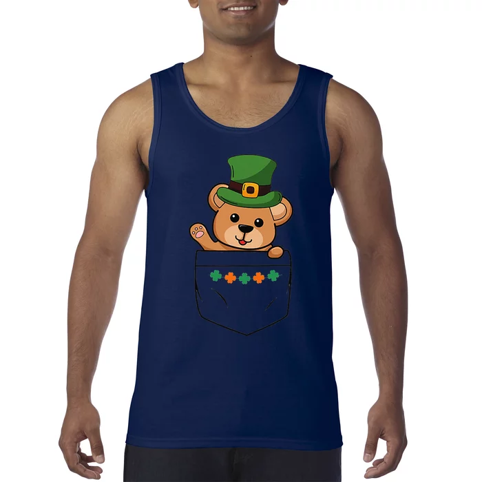 Cute Saint Patrick's Day Bear With Green Hat In Pocket Tank Top