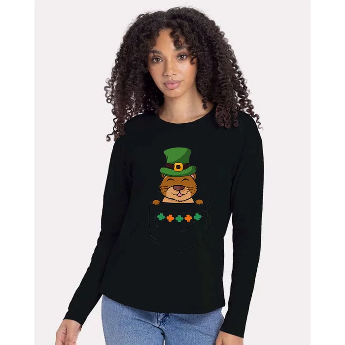 Cute Saint Patrick's Day Beaver With Green Hat In Pocket Womens Cotton Relaxed Long Sleeve T-Shirt