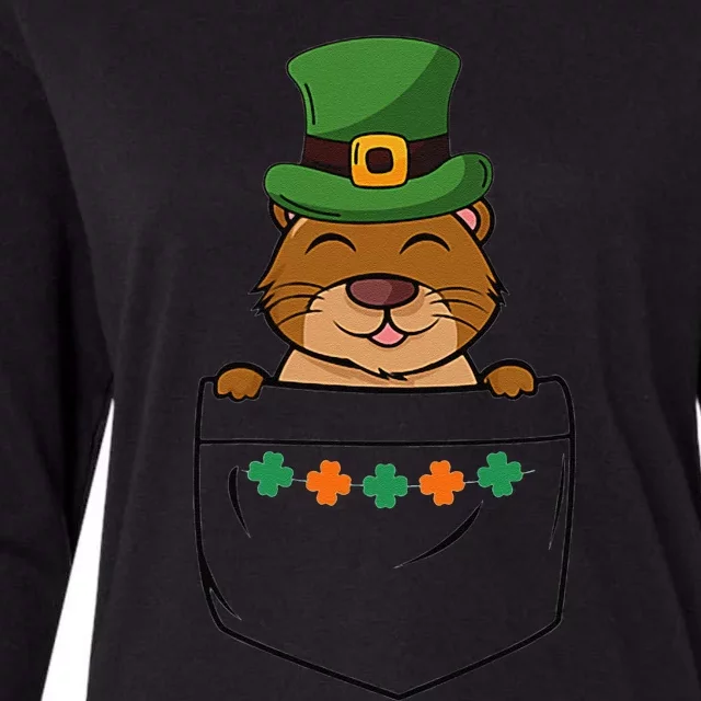 Cute Saint Patrick's Day Beaver With Green Hat In Pocket Womens Cotton Relaxed Long Sleeve T-Shirt