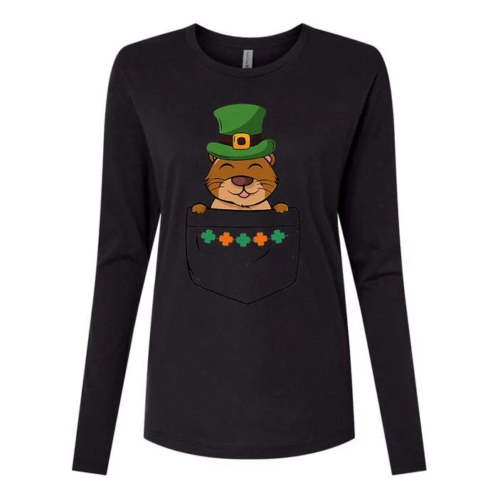 Cute Saint Patrick's Day Beaver With Green Hat In Pocket Womens Cotton Relaxed Long Sleeve T-Shirt