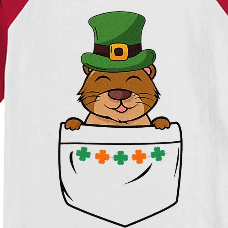 Cute Saint Patrick's Day Beaver With Green Hat In Pocket Kids Colorblock Raglan Jersey