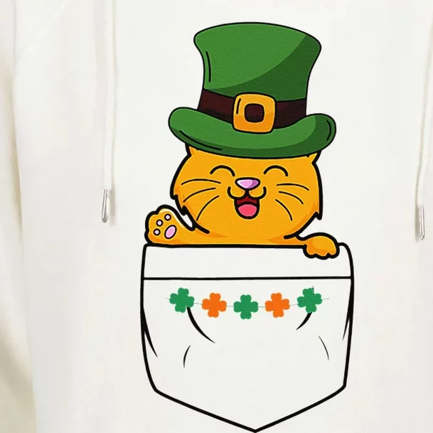 Cute Saint Patrick's Day Cat With Green Hat In Pocket Womens Funnel Neck Pullover Hood