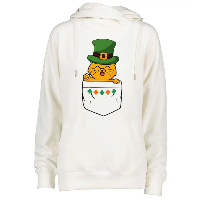 Cute Saint Patrick's Day Cat With Green Hat In Pocket Womens Funnel Neck Pullover Hood