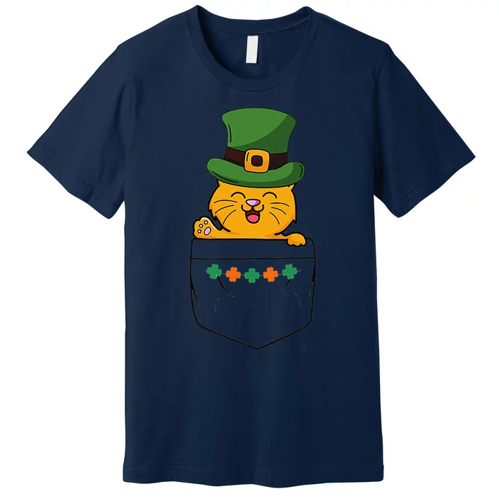 Cute Saint Patrick's Day Cat With Green Hat In Pocket Premium T-Shirt