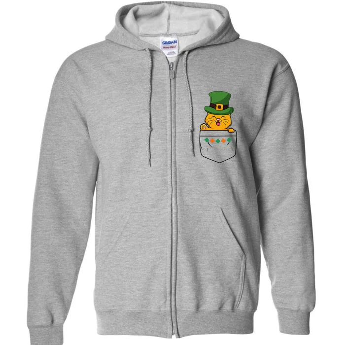 Cute Saint Patrick's Day Cat With Green Hat In Pocket Full Zip Hoodie