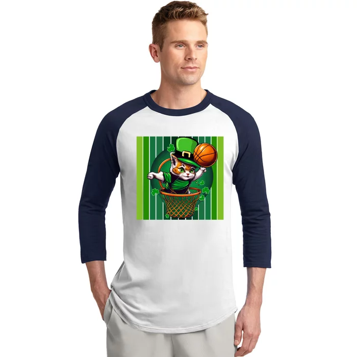 Cat St Patricks Day Basketball Lucky Clover Shamrock Gift Baseball Sleeve Shirt