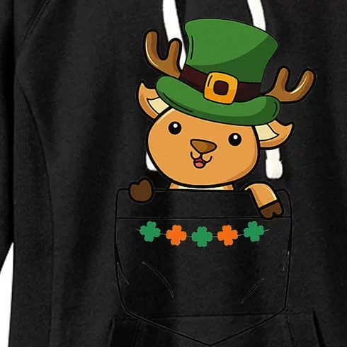 Cute Saint Patrick's Day Deer With Green Hat In Pocket Women's Fleece Hoodie