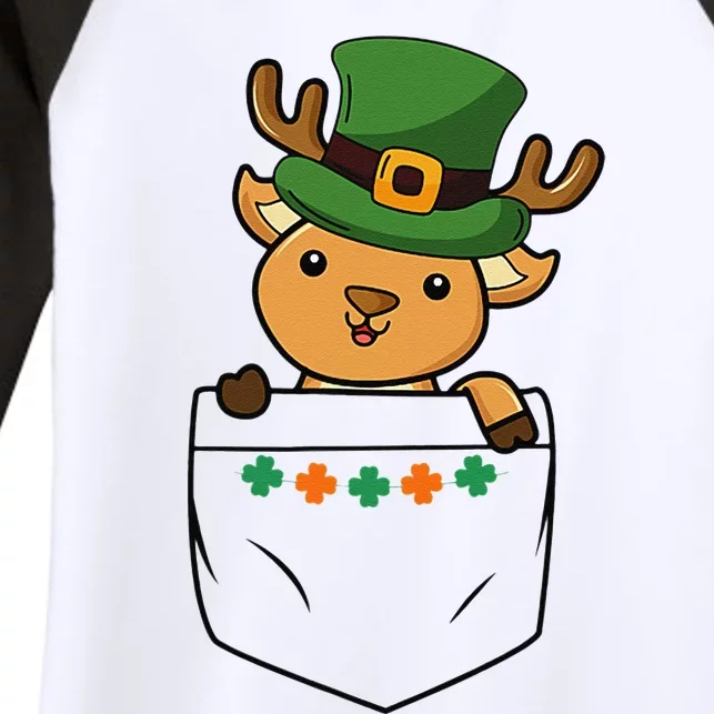 Cute Saint Patrick's Day Deer With Green Hat In Pocket Women's Tri-Blend 3/4-Sleeve Raglan Shirt