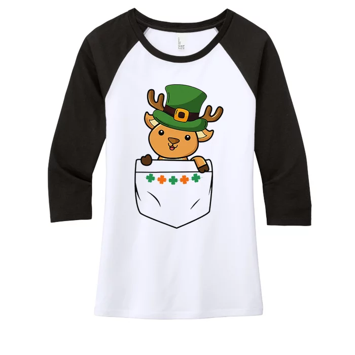 Cute Saint Patrick's Day Deer With Green Hat In Pocket Women's Tri-Blend 3/4-Sleeve Raglan Shirt