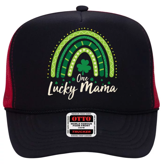 Cute St Patricks Day One Lucky Mama Green Shamrock Clover Rainbow High Crown Mesh Trucker Hat