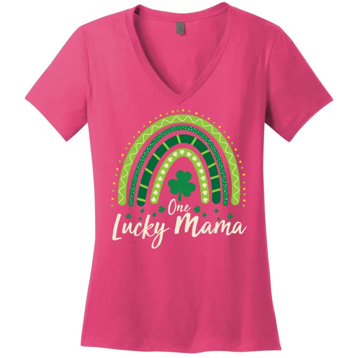 Cute St Patricks Day One Lucky Mama Green Shamrock Clover Rainbow Women's V-Neck T-Shirt