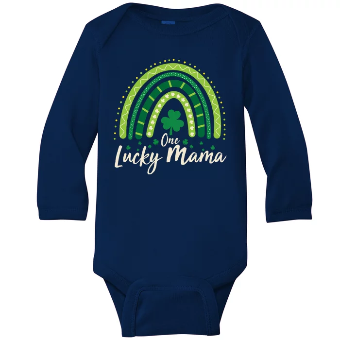 Cute St Patricks Day One Lucky Mama Green Shamrock Clover Rainbow Baby Long Sleeve Bodysuit