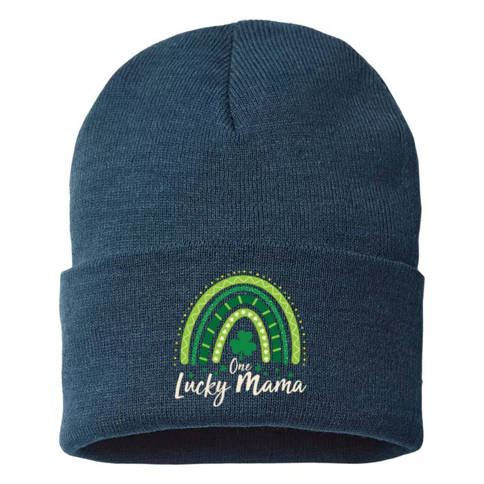 Cute St Patricks Day One Lucky Mama Green Shamrock Clover Rainbow Sustainable Knit Beanie