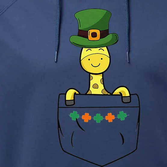 Cute Saint Patrick's Day Giraffe With Green Hat In Pocket Performance Fleece Hoodie