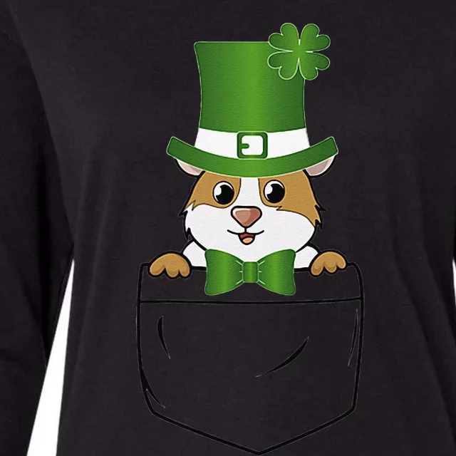 Cute Saint Patrick's Day GuineaPig With Green Hat In Pocket Womens Cotton Relaxed Long Sleeve T-Shirt