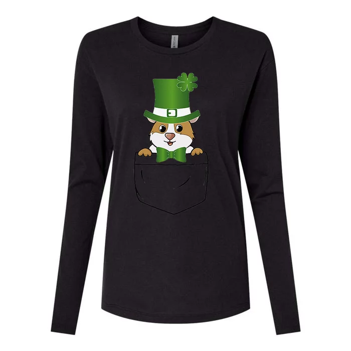 Cute Saint Patrick's Day GuineaPig With Green Hat In Pocket Womens Cotton Relaxed Long Sleeve T-Shirt